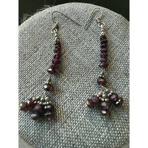 Garnet Dangle Drop Earrings Silver Tone Long Boho Festival Art To Wear Indie